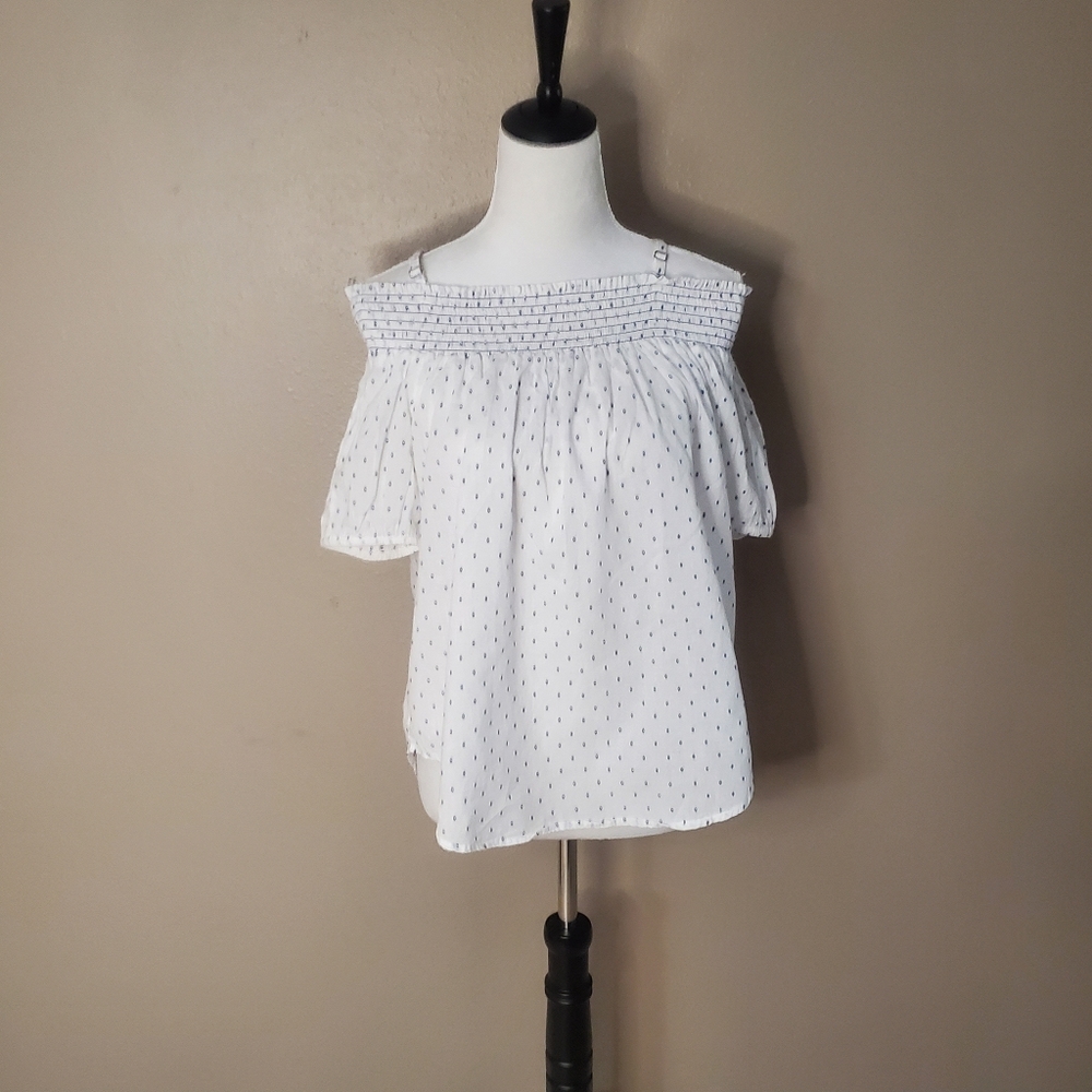 Ivanka Trump Off Shoulders White Top with a Blue Pattern Size Medium